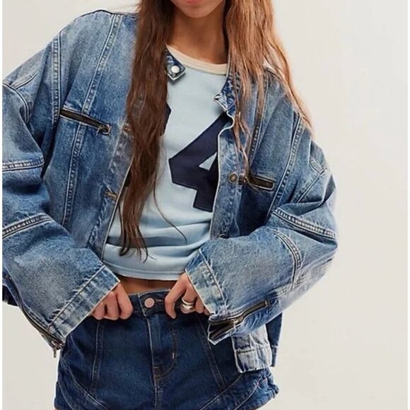 Free People We The Free Dia Blue Denim Moto Jacket Slouchy Oversized NWOT med - Picture 3 of 8